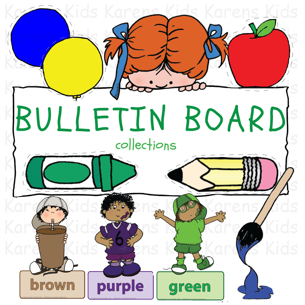 Images showing samples of bulletin boards, large crayons, pencils, kids and colorful balloons.