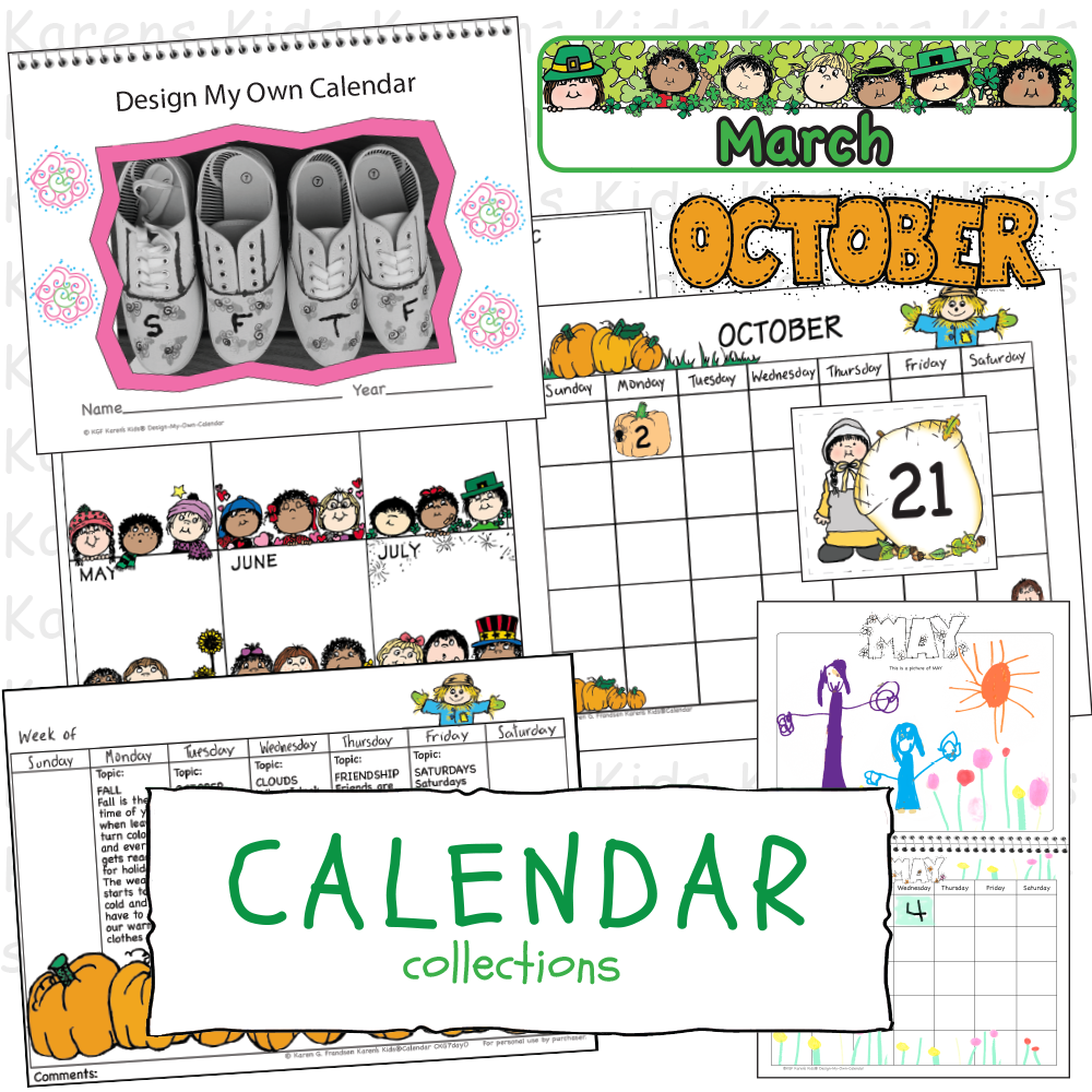 Samples of Karen's Kids clipart calendars, printable calendars and editable calendars.