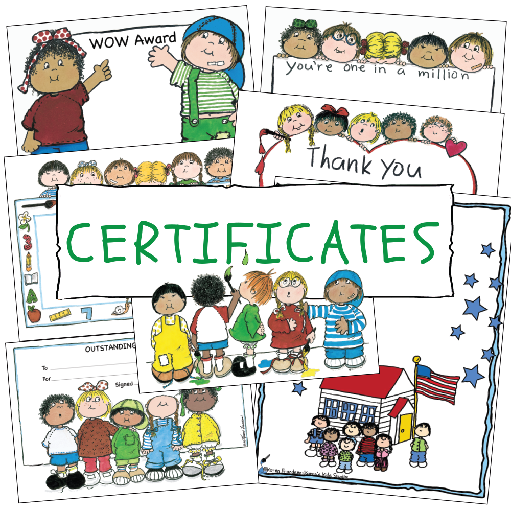 Samples of Karen's Kids certificates and awards for K-6: end of year awards, classroom awards, missing tooth awards and more.