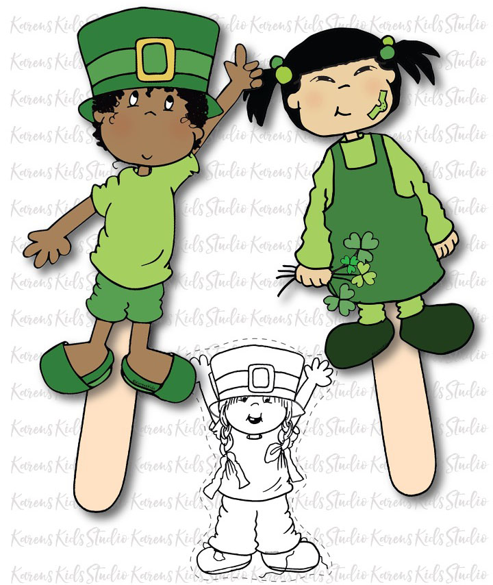 Samples of 2 stick puppets dressed in green and a black and white clipart with cutting lines.