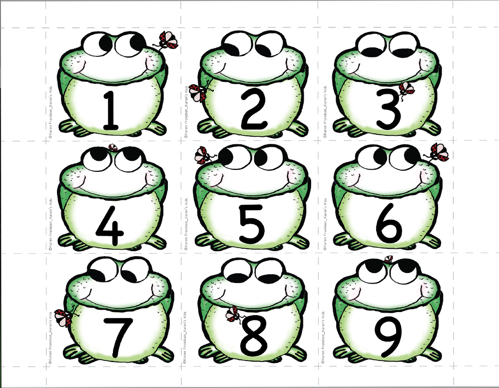 Calendar number card examples with 9 frogs with a number in each.