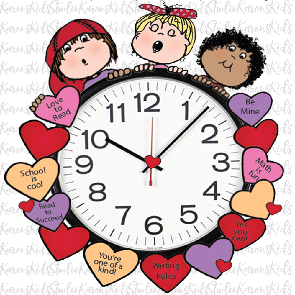 Sample of a clock decorated with clip art hearts and kids.