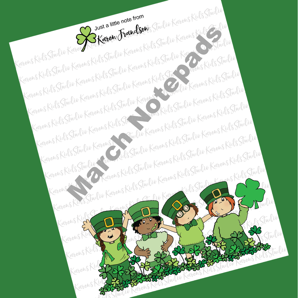 Notecard made with clip art. 5 St. Patrick's Day kids at the bottom