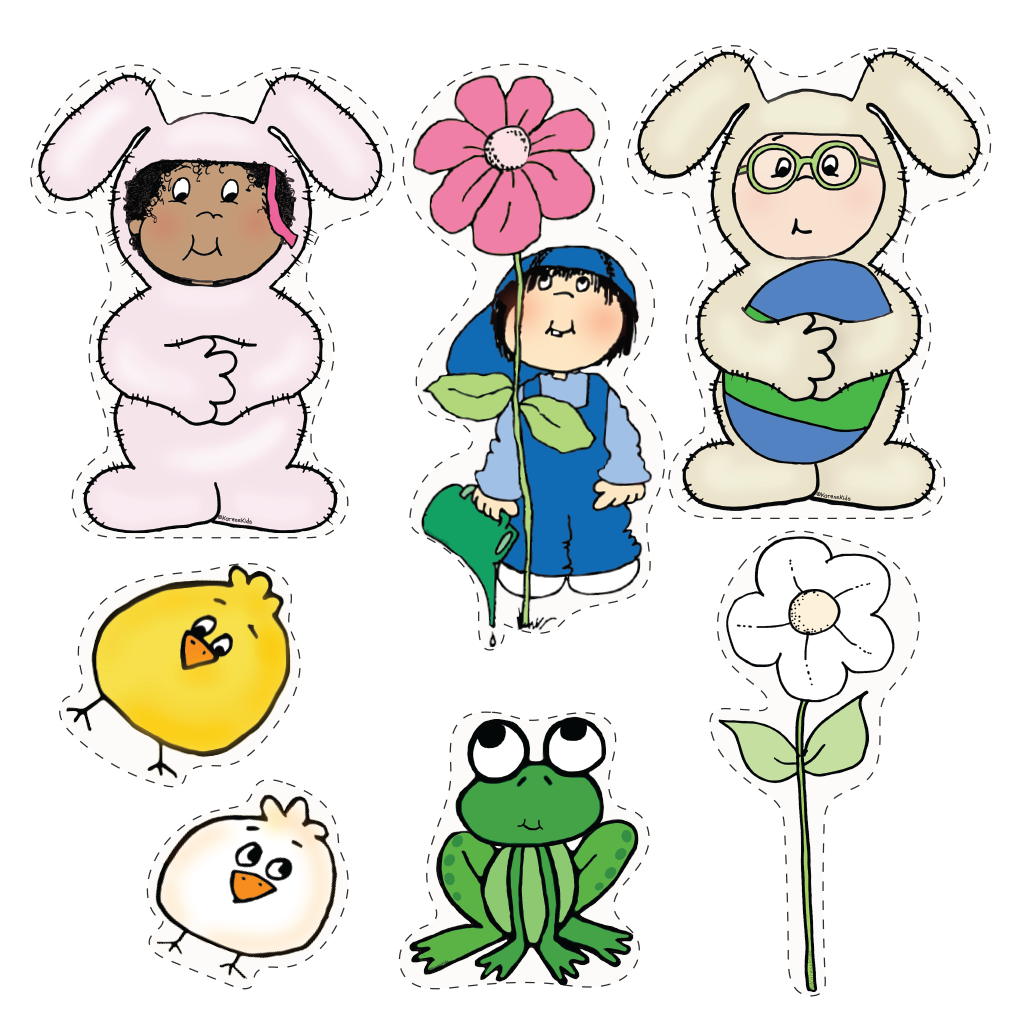 A page of clip art stick puppets with cutting lines