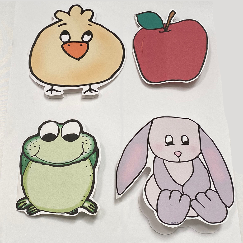 Sample of 4 fold cards; chick, apple, frog and bunny.