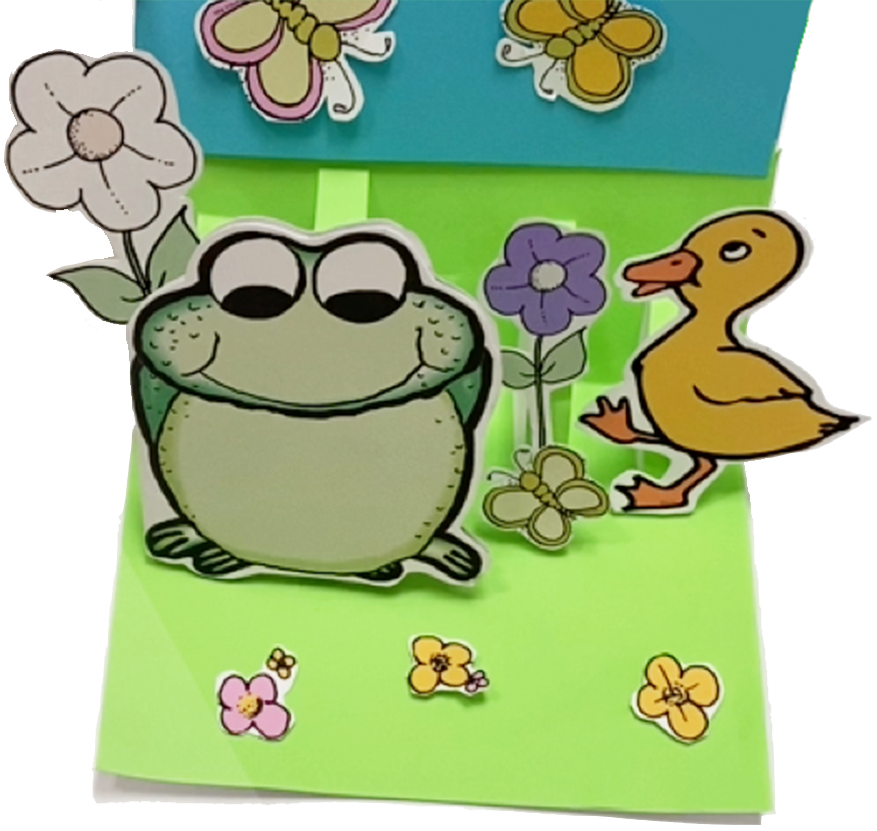 Pop up card with green frog, yellow duck and colorful flowers