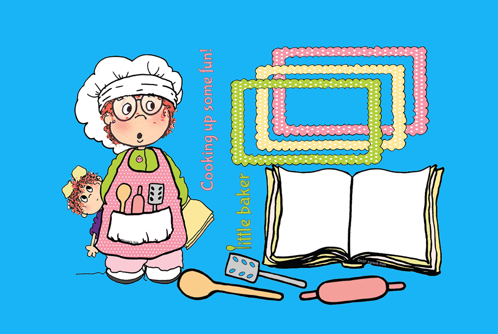 Samples of clip art images to be used to decorate a recipe page; child baker, colored frames and rolling pin.