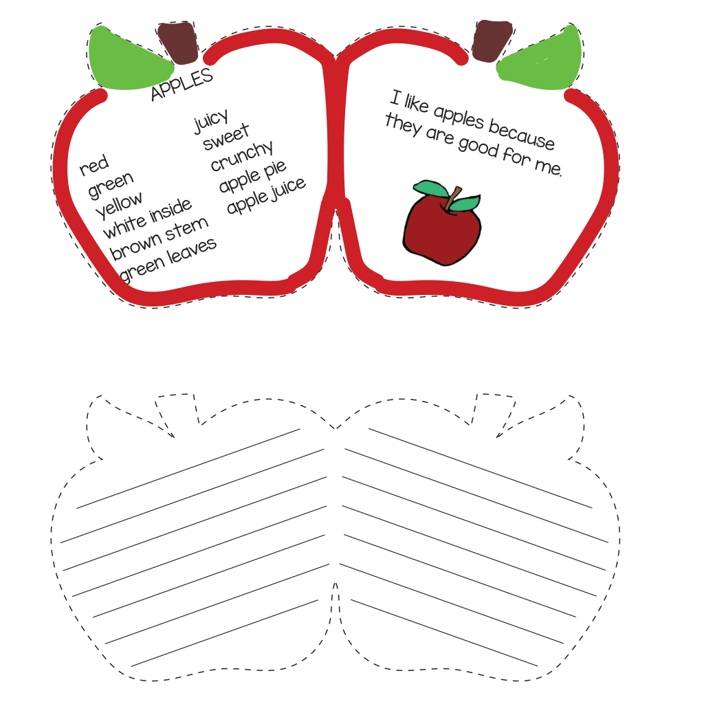 Sample of an opened apple fold card with apple words on one side and description on the other.