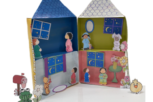 Image showing a DIY cereal box playhouse, people and animals.