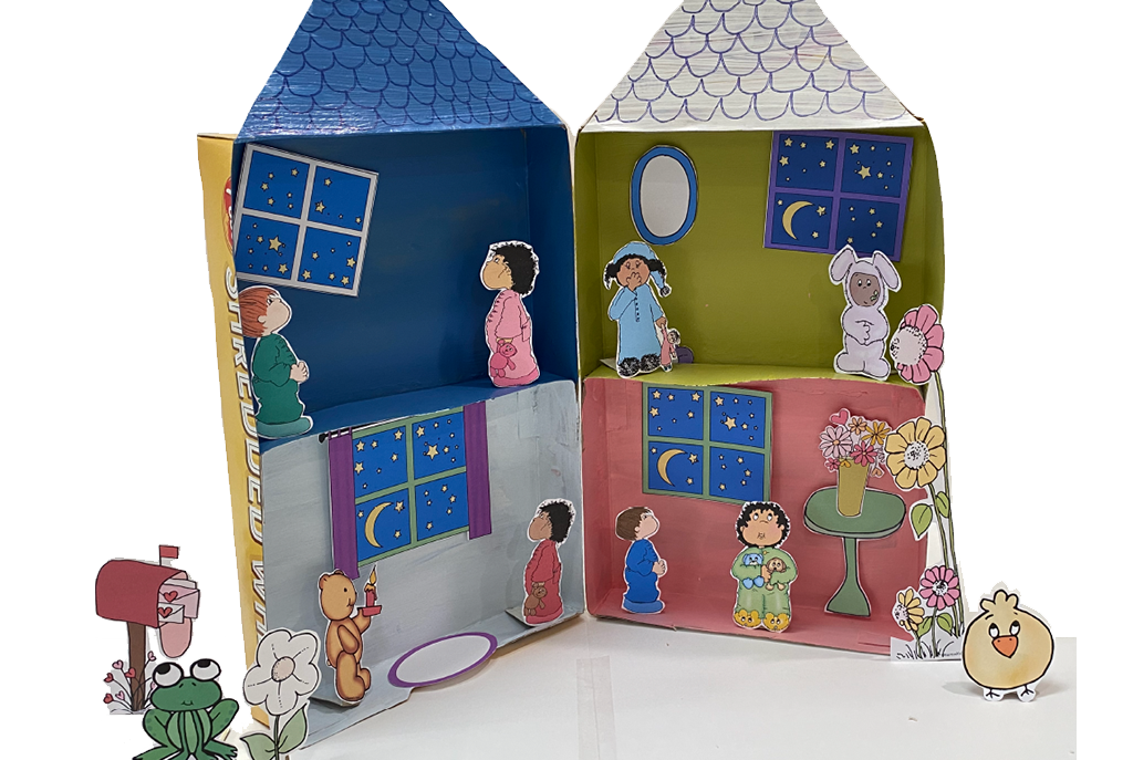 Image showing a DIY cereal box playhouse, people and animals.