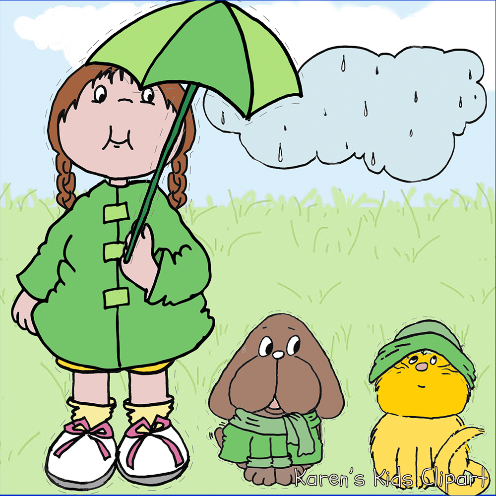 Magnetic paper doll outside scene with cute umbrella, cat, dog and rain cloud.