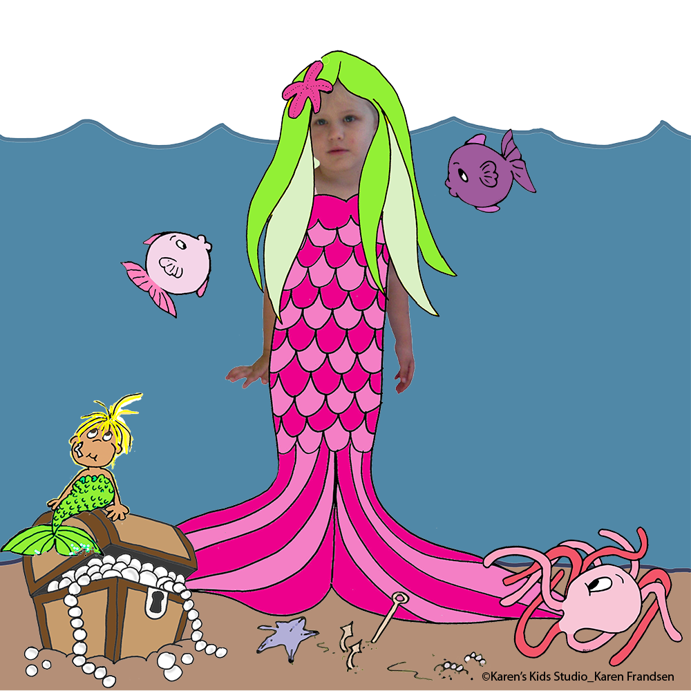 Picture of a mermaid in the ocean with treasure chest, fish and more.
