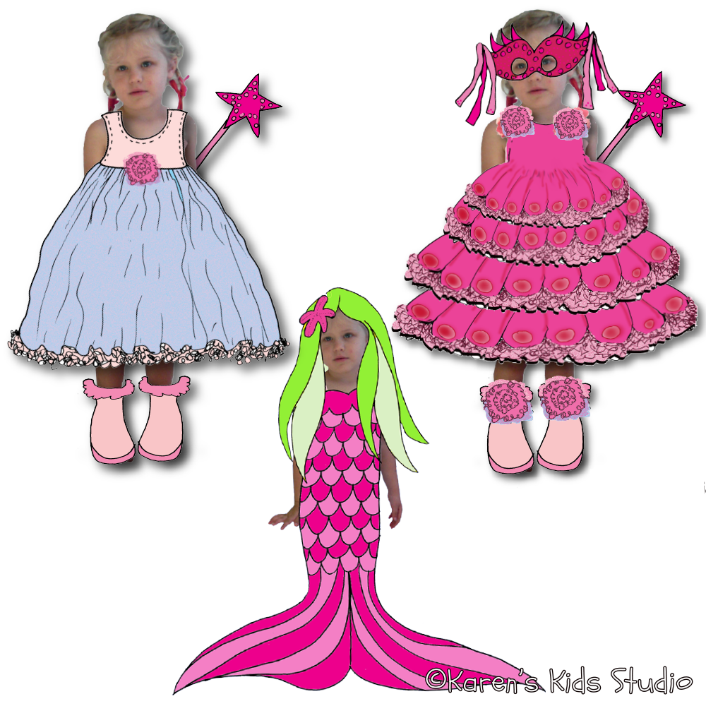 DIY paper dolls, girl dressed as a mermaid, princess in pink and princess in blue.