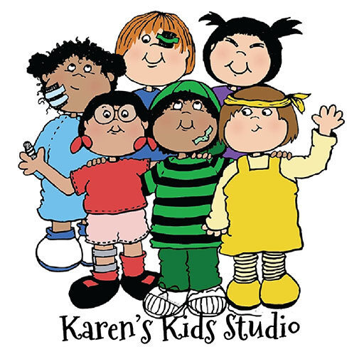6 multicultural kids waving in colorful clothes.Words read Karen's Kids Studio