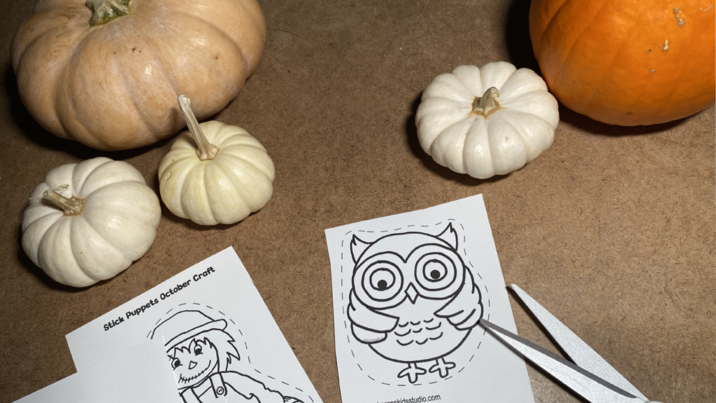 Different colored pumpkins and an owl ready to color and cut out